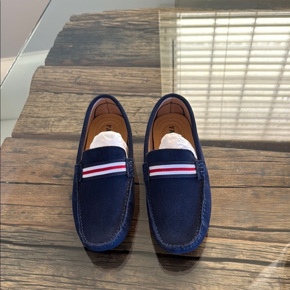 Men’s Navy Blue Suede Driving Loafers with Striped Detail